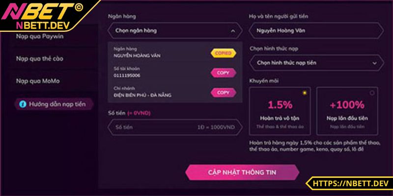 Nạp Tiền NBET - Thao Tác Nâng Tầm Trải Nghiệm Cho Anh Em 4 Hoàn tất giao dịch và theo dõi số dư tài khoản cược